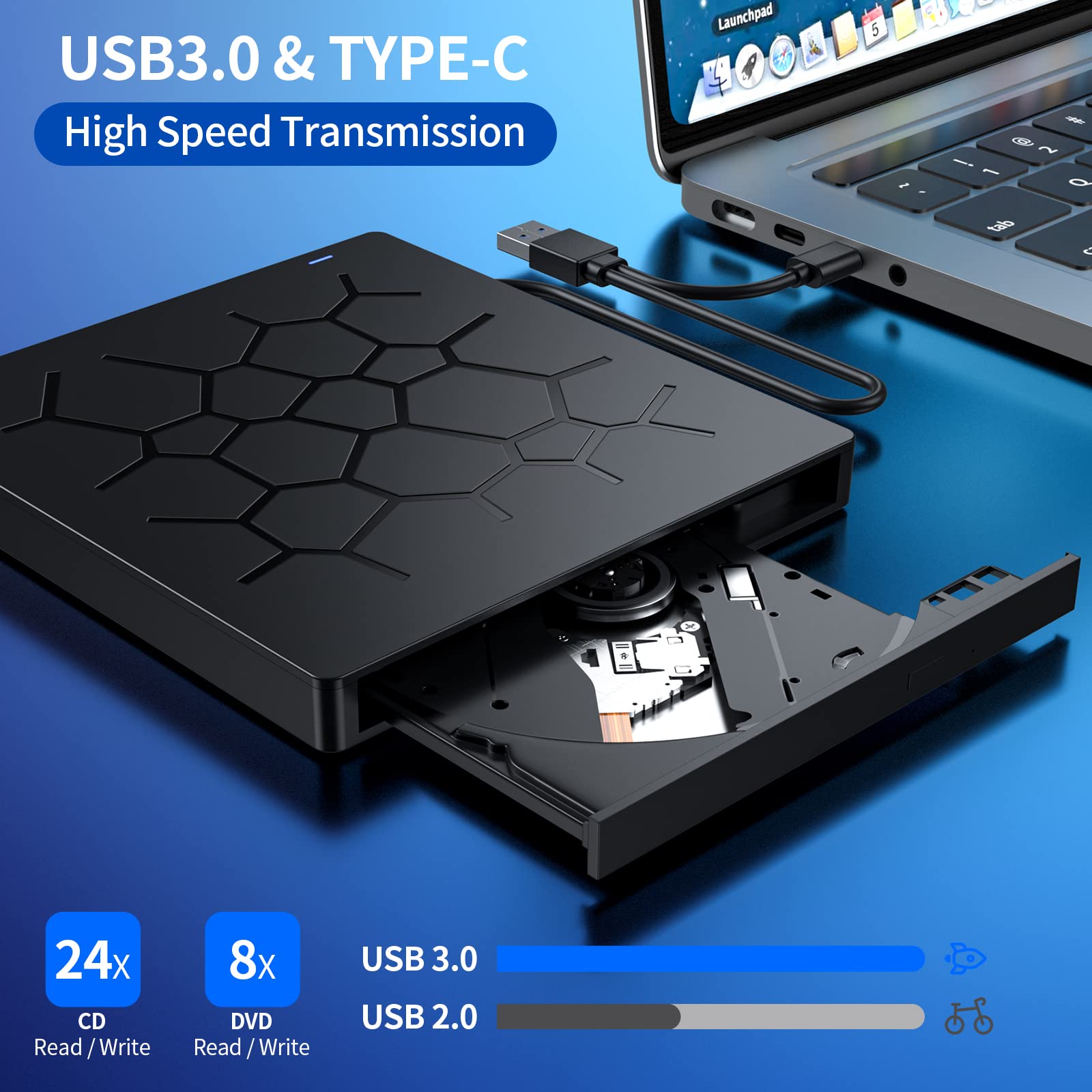 External CD/DVD Drive for Laptop, 7 IN 1 USB 3.0 Ultra-Slim Portable DVD Player, CD ROM Burner Writer External Disk Drive Optical Compatible with Laptop Desktop PC MacBook Windows Mac Linux OS