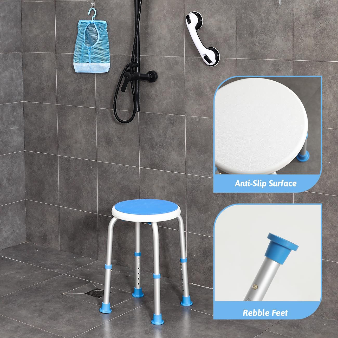 Adjustable Shower Chair for Inside Shower, HSA/FSA Eligible Round Shower Stool for Inside Bathtub, Tool-Free Shower Seat for Elderly/Senior/Disabled/Pregnant