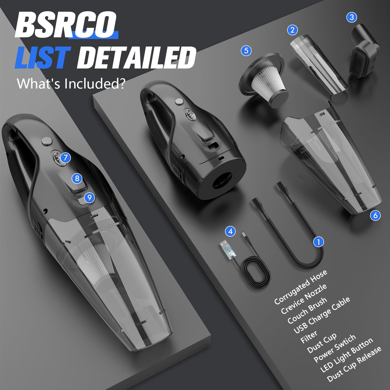 BSRCO Handheld Vacuum Cordless Rechargeable 3-in-1, USB Charge, Car Vacuum with LED, HEPA Filter, 1.65LBs Lightweight Vacuum Cleaner for Dust, Pet Hair
