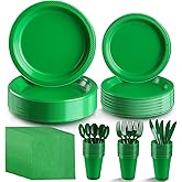 Boocikey Green Party Supplies,Green Disposable Plates,Including Green Plastic Plates and Napkins, Plastic Cutlery and 12OZ Cups for Engagement Wedding Birthday Christmas Party,Serve 25 Guests