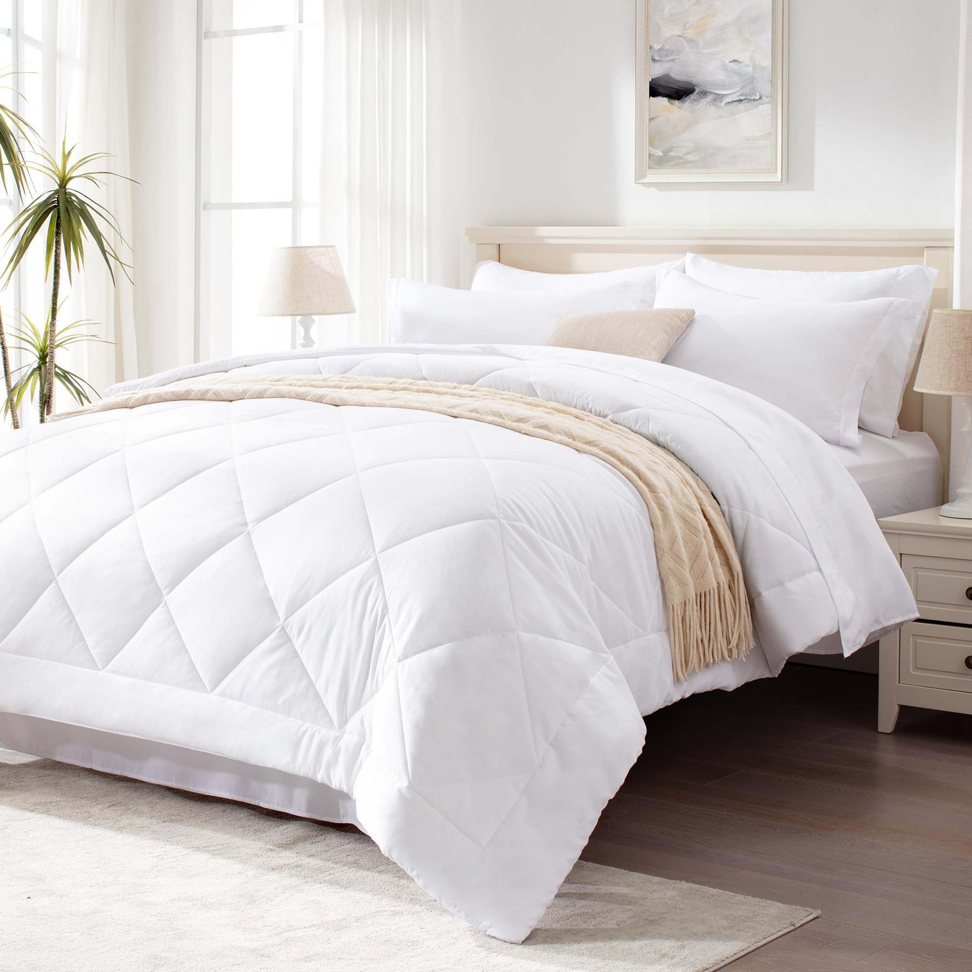 Love's cabin Queen Comforter Set White, 7 Pieces Queen Bed in a Bag, All Season Bedding Sets with 1 Comforter, 1 Flat Sheet, 1 Fitted Sheet, 2 Pillowcase and 2 Pillow Sham Image