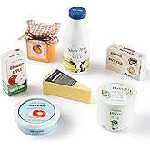Tiny Land Wooden Dairy & Drinks Set – 7-Piece Pretend Food Toy with Milk, Juice & Cheese – Fun Wooden Play Kitchen Accessory for Toddlers & Kids Ages 3+