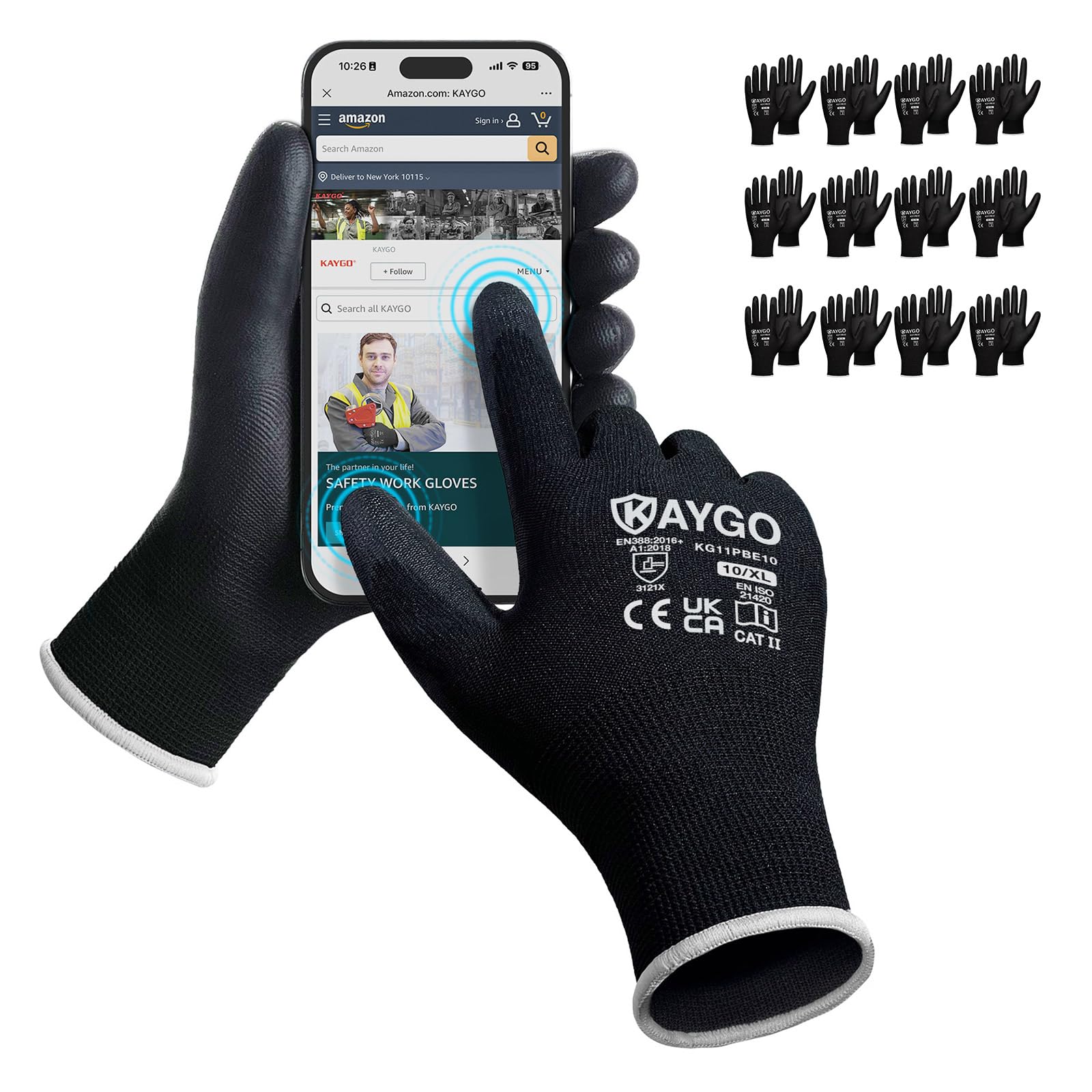 KAYGO Work Gloves PU Coated 12 Pairs Touchscreen, KG11PBE, Safety Working Gloves with Secure Grip on Palm & Fingers, for Men and Women, Ideal for General Duty Work, Gardening (X-Large, Black)
