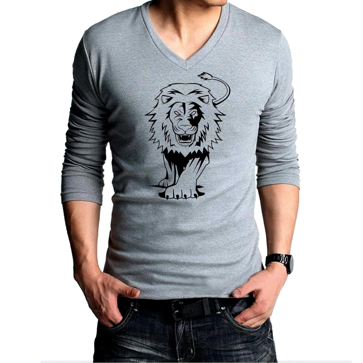 t shirt - full sleeve v neck lion vector design graphics printed 100% cotton t shirt - lion vector design graphics print t shirt - grey full hand v neck cotton