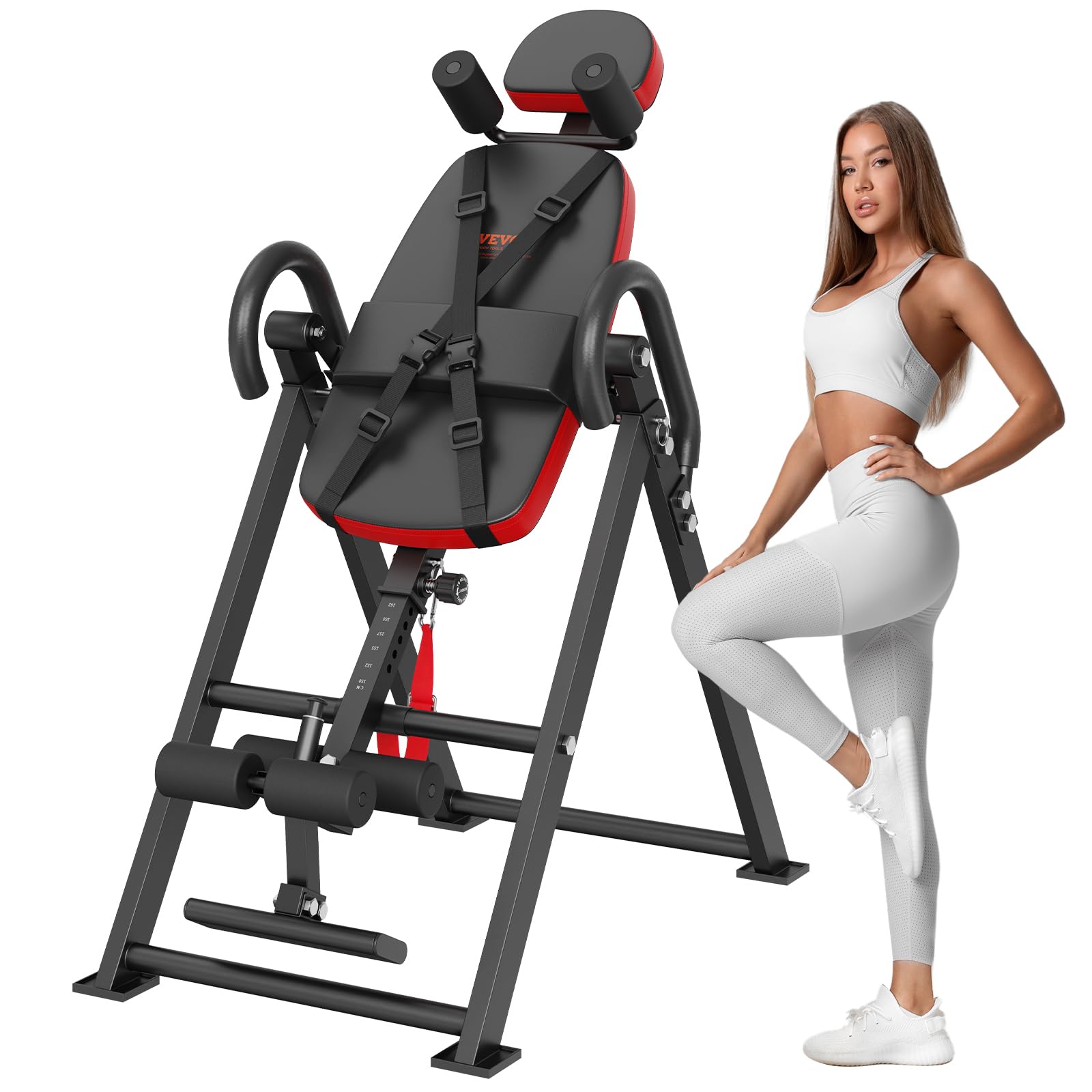 Photo 1 of VEVOR Inversion Table, 300 lbs Capacity Heavy Duty Inversion Table, Decompression Back Stretcher Machine, Strength Training Equipment with Headrest, Ankle Lock, Adjustable Protective Belt, Red/Black