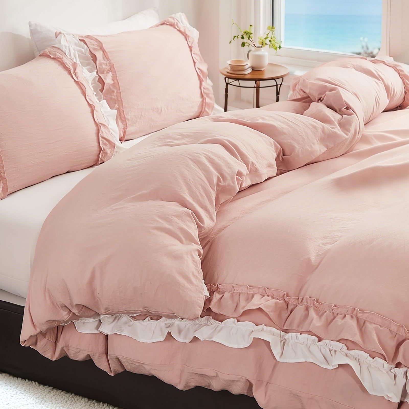 Wotcsil Pink Ruffle Bedding Set for Women Girls Ruffled King Duvet Cover Set Plain Duvet Cover Shabby Chic Retro Double-Layer Frill Edge Design with Pillowcase