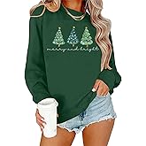 ELDPS Christmas Tree Sweatshirt for Women: Embroidered Merry and Bright Shirt Xmas Holiday Pullover Long Sleeve Tops
