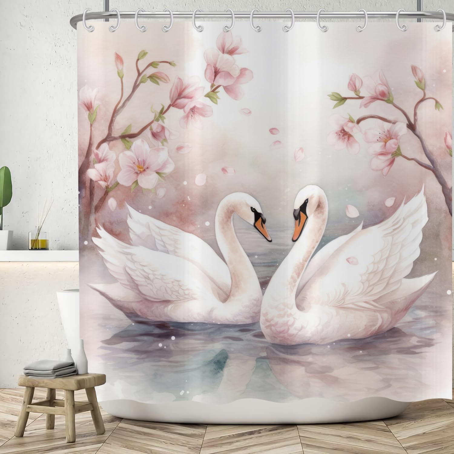 ASDCXZ Swan Shower Curtain 180x180 cm, Watercolor Romantic Swan Crosses Neck Rose Plum Blossom Bath Washable Shower Curtains Polyester Textile Waterproof Bath Curtain for Bathtub with 12 Hooks — image 1