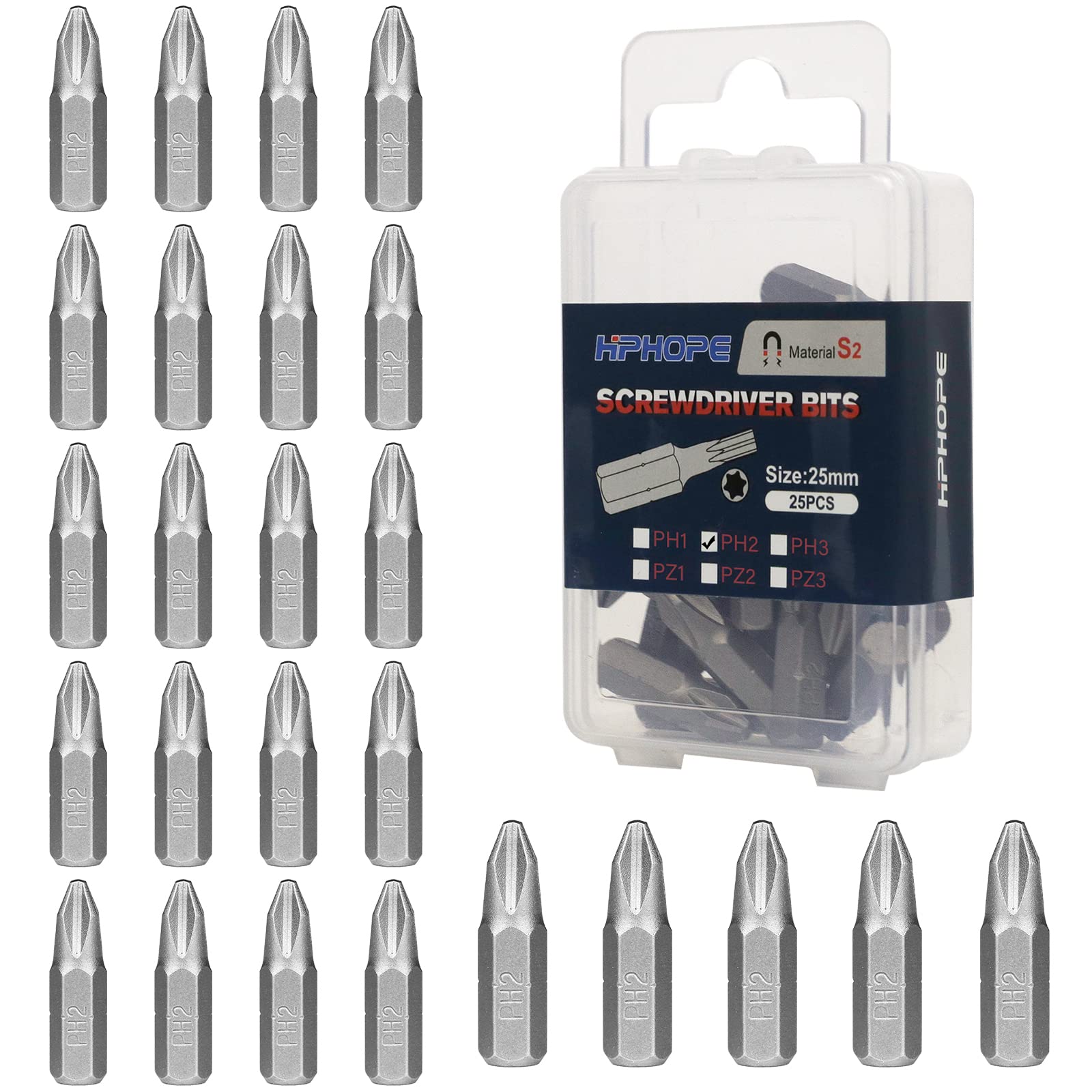 HPHOPE PH2 Bit x 25mm Length Screwdriver Bits, 1/4 Inch Standard Hex Fitting, 25 Bits per Box