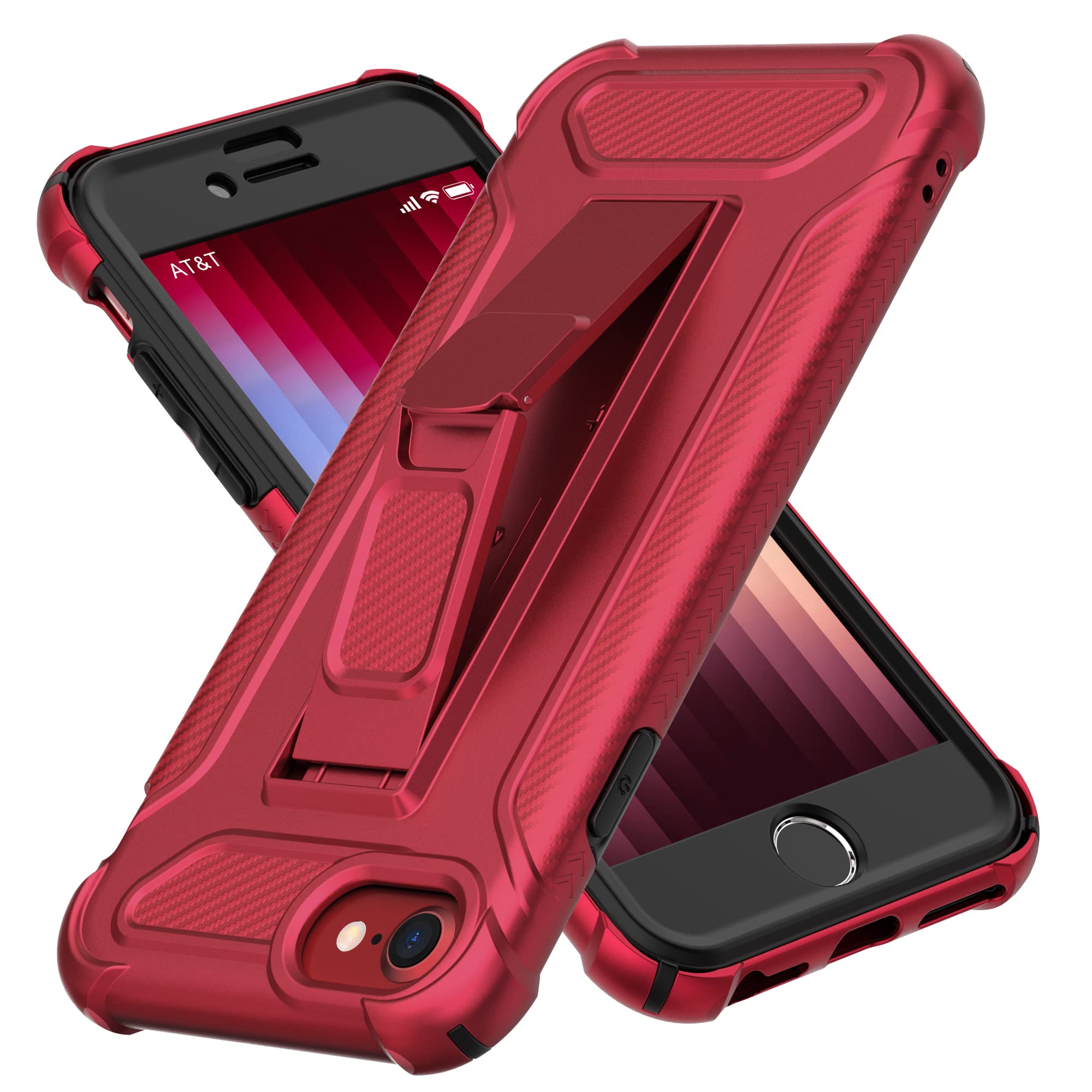 ORETECH for iPhone SE 2022 Case, iPhone SE 2020 Case, and[2 x Tempered Glass Screen Protectors] [Built-in Kickstand] Military Grade Shockproof 360 Full Body Protective Case Cover - Red — image 1