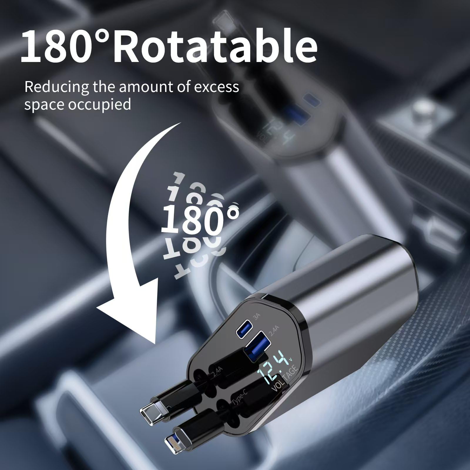 YAOKEEP 120W Fast Charging Retractable Car Charger 4 in 1. 180°Rotation Car Phone Charger with 31.5