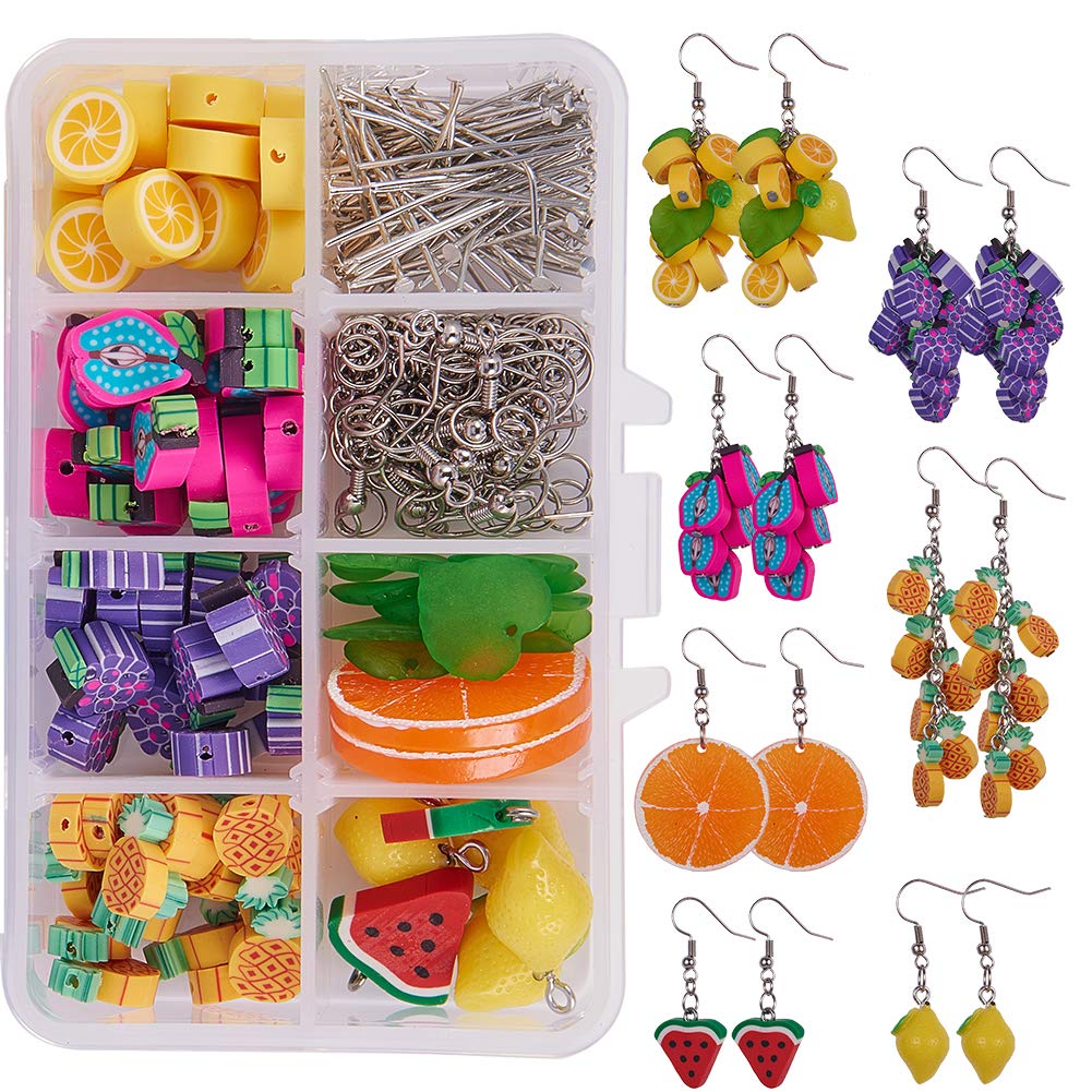 SUNNYCLUE 1 Box DIY Make 7 Style Pairs Fruit Dangle Earring Making Kits Polymer Clay Lemon Grape Charms Watermelon Orange Beads Pendants Jewellery Finding for Women DIY Earring Jewellery Making Adult