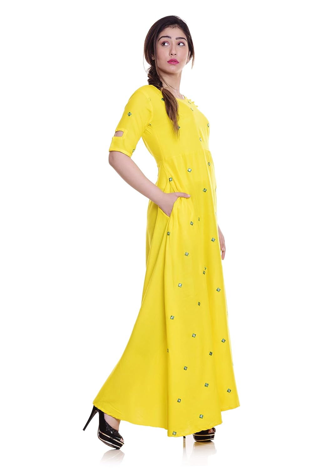 fashioto women's long embroidered kurti, yellow