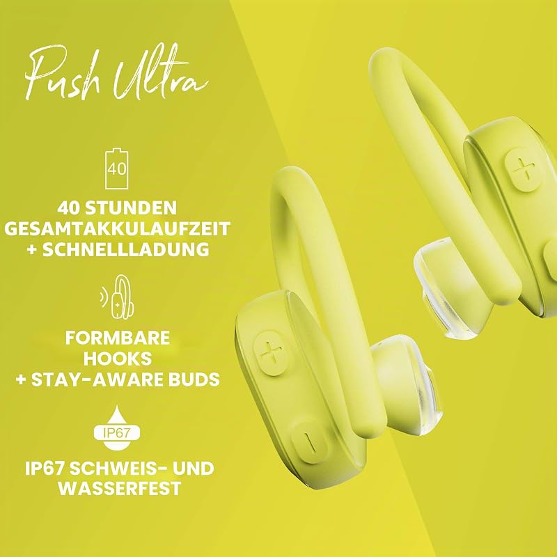 Push Ultra True Wireless Sport Kopfhörer mit Bluetooth-Technologie, Schweiß- und Wasserresistent (IP67), Insgesamt 40 Stunden Akkulaufzeit - Electric Yellow, one Size