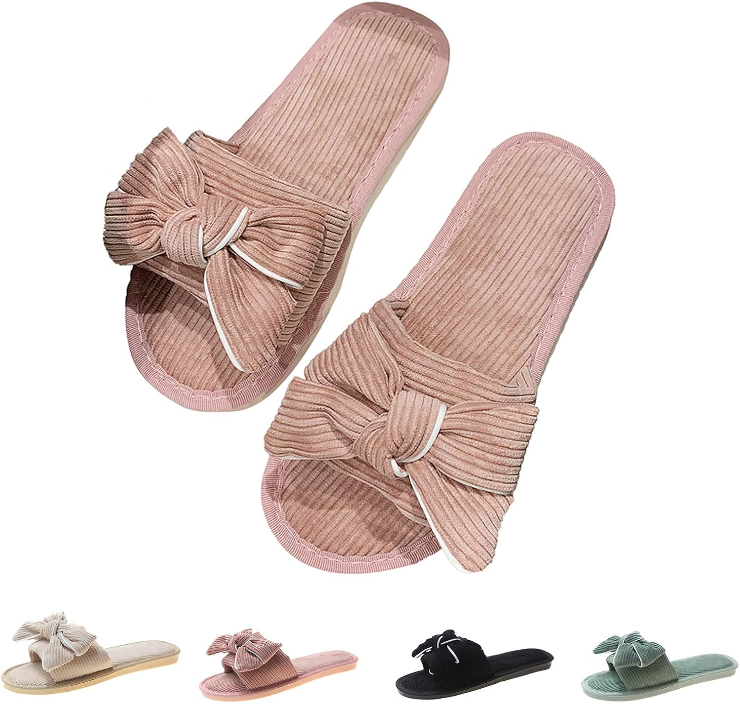 Corduroy Bowknot Fluffy Slides House Slippers for Women Slip On Memory Foam Sandals Slippers Open Toe Slippers Women Flat Spa Slides Slippers House Shoes with Anti-Skid Rubber Sole