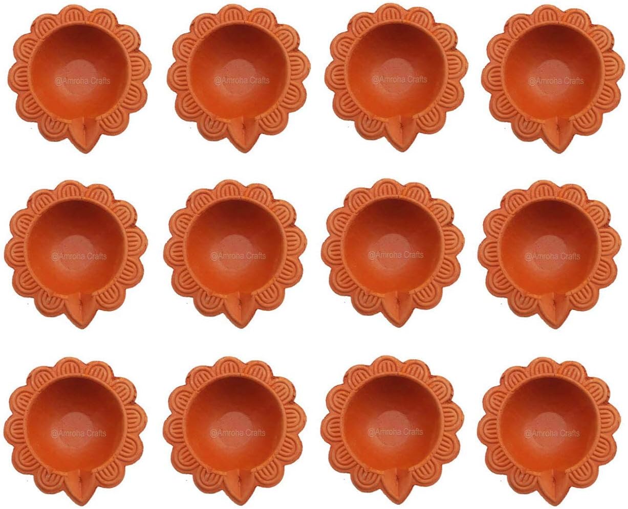 Oil Lamps & Accessories - Amroha Crafts 12 Pcs Diya Set of Clay/Terracotta Handmade Diya for Diwali/Deepawali Gift/Decorations/Natural Earthen Oil Lamp/Traditional Diyas for Pooja with Cotton Wicks Batti