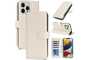 Zouzt Case for iPhone 13 Pro 6.1" Genuine Leather Wallet Case with 4 Card Slot, RFID Blocking Card Holder Magnetic Flip Folio Kickstand Shockproof Phone Cover Women Men - Milky White