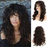Wiwige Long Curly Wavy Brown Wig for Women Long Dark Brown Wig with Bangs Heat Resistant Synthetic Hair Cosplay Party Costume Wig