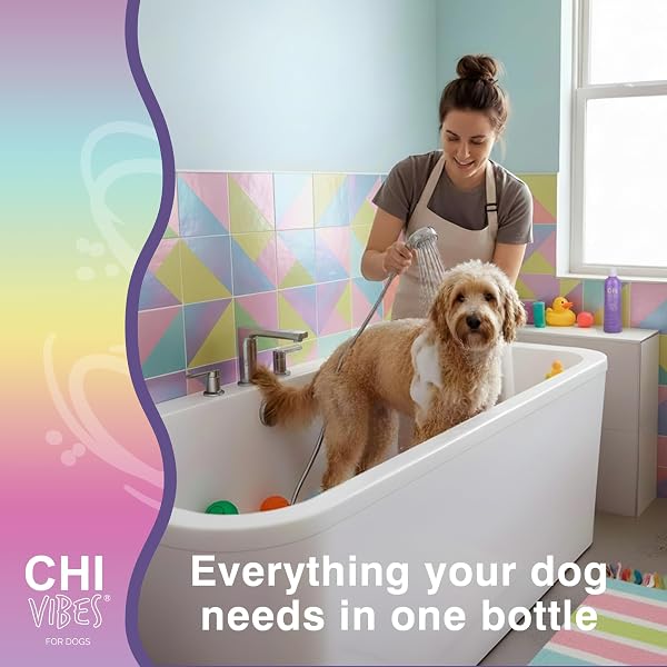 CHI VIBES FOR DOGS 5-IN-1 SHAMPOO & CONDITIONER, CLEANS + DEODORIZES + MOISTURIZES + DETANGLES + HELPS DE-SHED, VEGAN PH BALANCED, GLUTEN & PARABEN FREE, MADE IN USA, 12 FL OZ