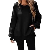 SunnyMelody Womens Oversized Batwing Sweater Fall 2025 Crew Neck Pullover Knit Tops - Outside Seam, High-Low Hem, Side Slit