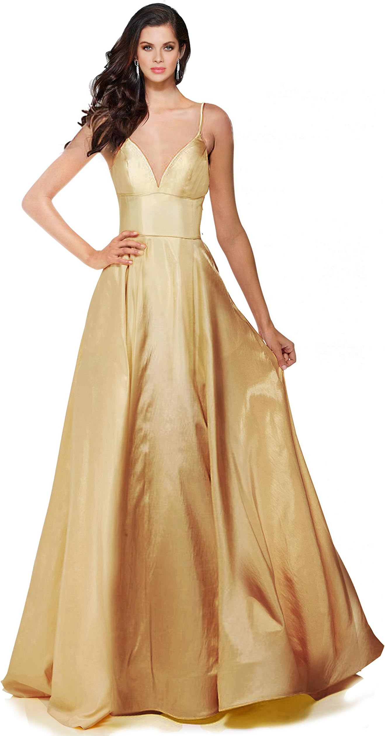 SUMINTRAS Alluring deep v-Neck Side Pockets a line lace-up Back Taffeta Ball Gown Prom Formal Dress