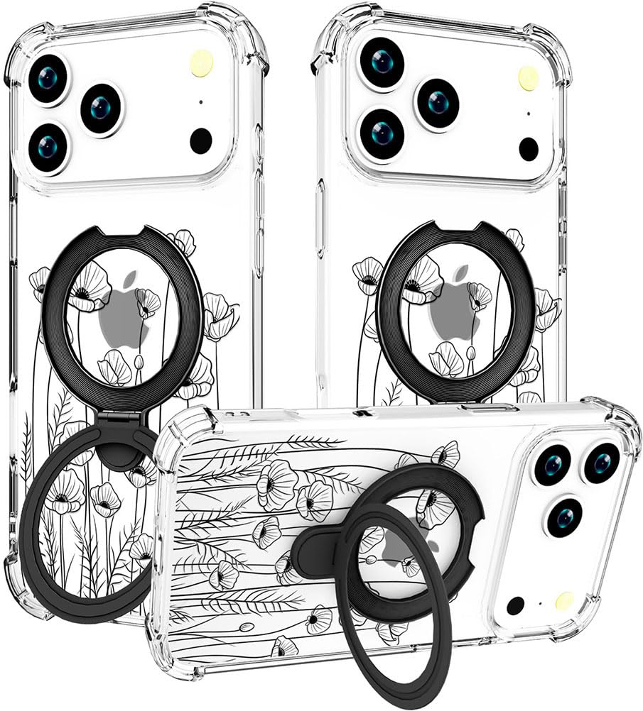 Photo 1 of CCFUNCASE for iPhone 17 Pro Case [Compatible with MagSafe] Clear Stand Cute for Women,Magnetic Mag Safe Kickstand Rugged Heavy Duty Bumper Phone Cases Funda (Black Floral Flower)
