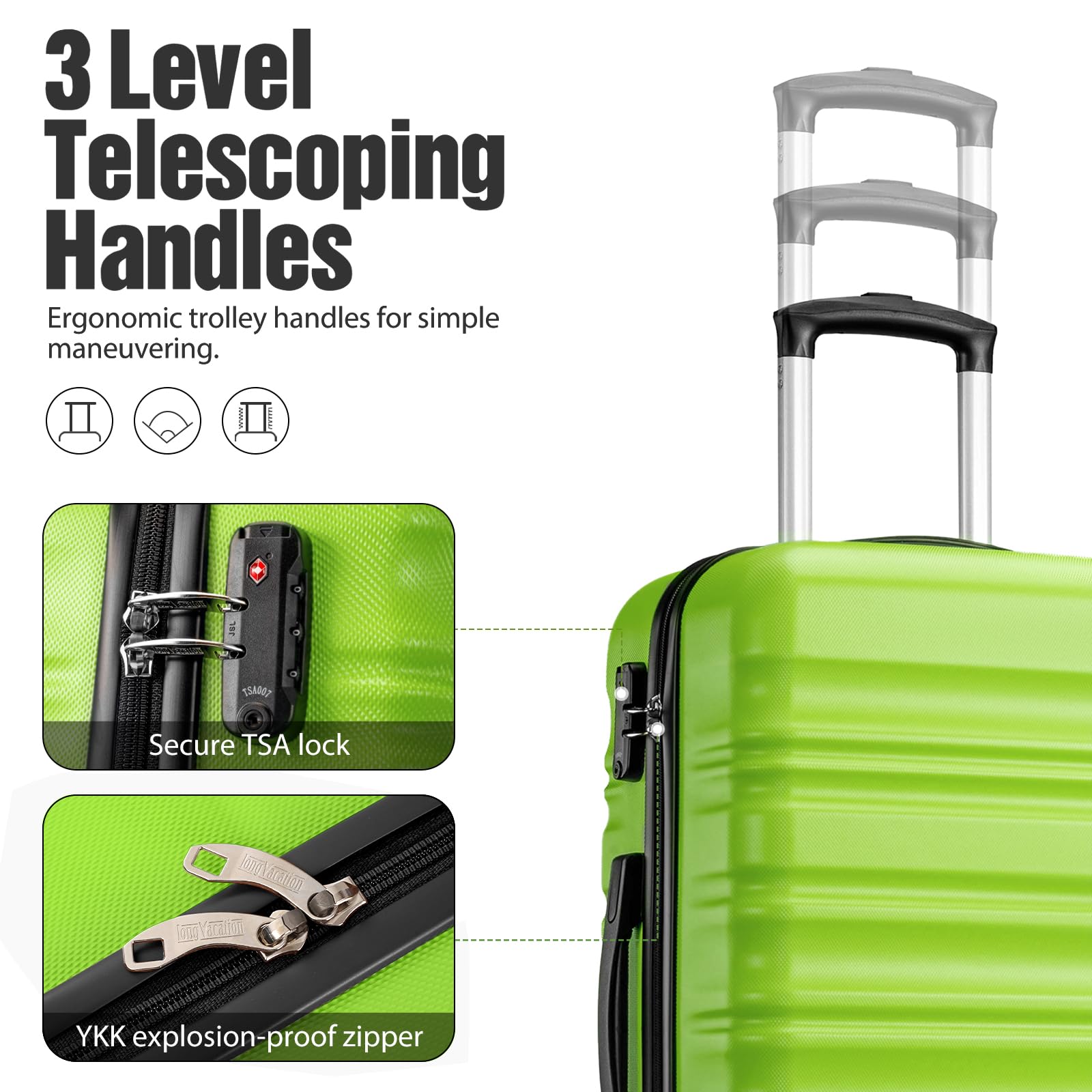 LONG VACATION 6 Piece Luggage Set Carry on Suitcase with ABS+PC hardshell, Spinner Wheels & YKK Zipper TSA Lock (APPLE GREEN, 6 piece set)