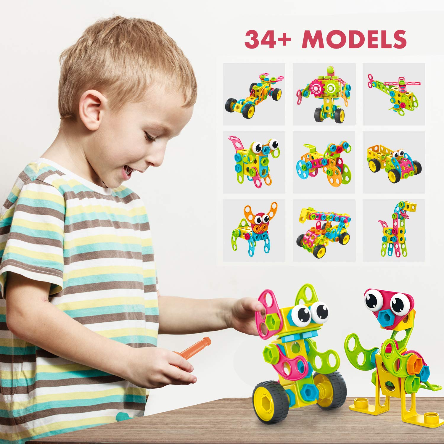 MÖBIUS Toys 260 Piece STEM Learning Toys Kids Construction Engineering Kit Building Block Toy Blocks Children Early Education Playset Power Drill w/Free IdeaBook, Clickable Ratchet, Age 3+