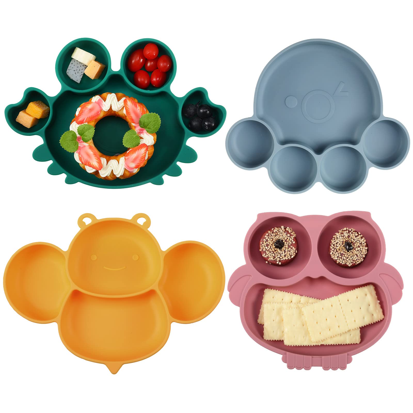 Photo 1 of Maxdot 4 Pcs Silicone Baby Plates Toddler Suction Plates Divided Baby Dishes Cute Animal Kids Plates for Toddlers Baby Feeding Eating Supplies, Microwave and Dishwasher Safe (Multi Colors,Cute)