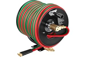 VEVOR Retractable Welding Hose Reel, Hand Crank Manual Rewind Hose Reel with 1/4 Inch x 100FT Twin Oxygen Acetylene Rubber Ho
