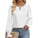 YZEGGO Womens Long Sleeve Tops Dressy Casual Keyhole Blouses Pleated Tops 2025 Trendy Basic Work Shirts