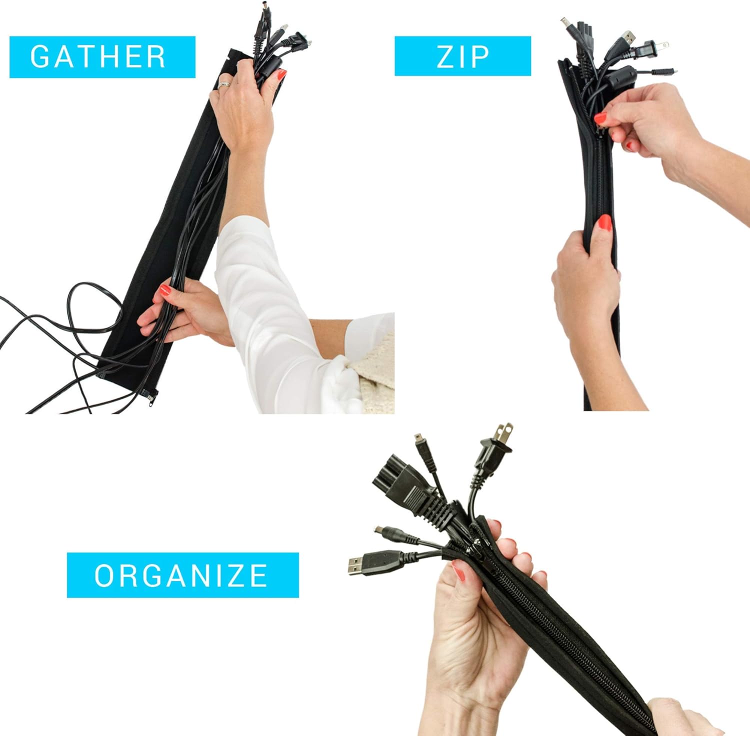 Cable Sleeve, Cable Cover, Wire and Cord Hider - Set of 4 - Computer, TV or Desk Management - Home & Office Organizer Concealer - 20’' - Premium Flexible Neoprene Wrap, Zipper, Conduit - Black: Office Products