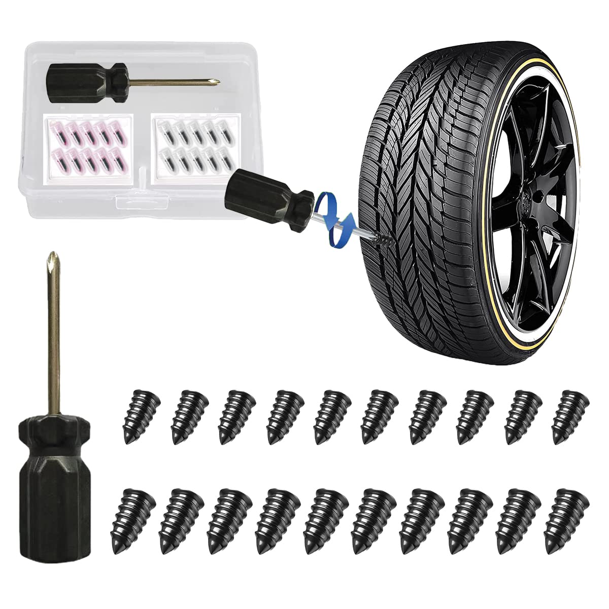 GradCap 20 pcs Tyre Repair Screw, Fast Self-Service Car Puncture Repair Kit, Tire Rubber Nails Tool, Emergency Car Accessories for Bike Motorbike Bicycle Flat Tire Plug with Storage Tool Box (10S/10L)