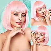 Light Pink Bob Wigs with Bangs Straight Short Wigs for Women Synthetic Pink Wig for Cosplay Women Funny Wig for Party Halloween Daily Wear Anime Costume Events