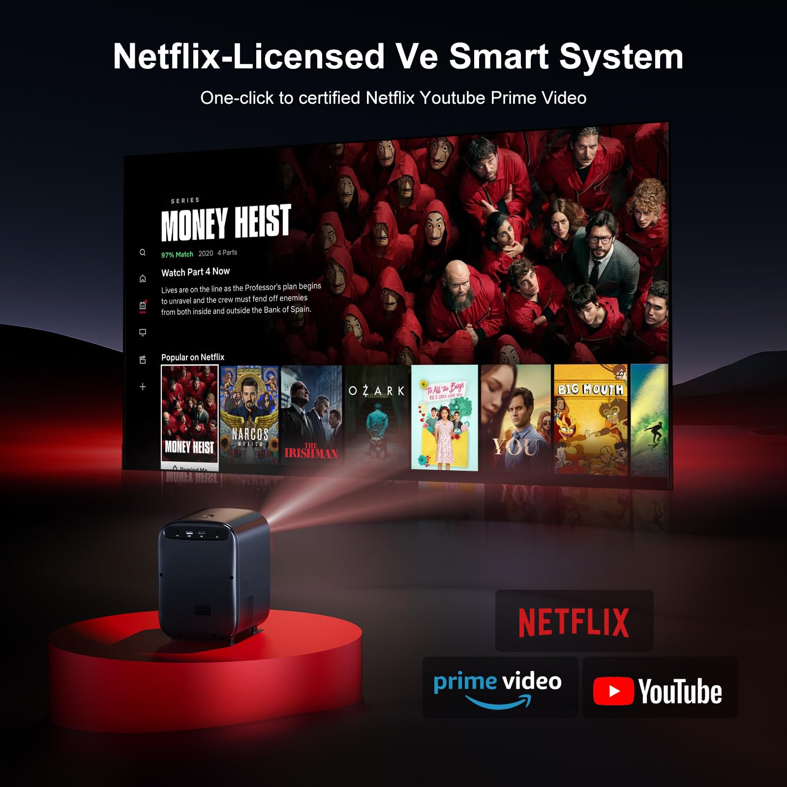 Jimveo E28 Proiettore 4K Con WiFi E Bluetooth, 800 ANSI Full HD 1080p, Netflix/Prime Video/YouTube Integrati, Messa A Fuoco Elettrica, Keystone 4P, Portatile Per Esterno