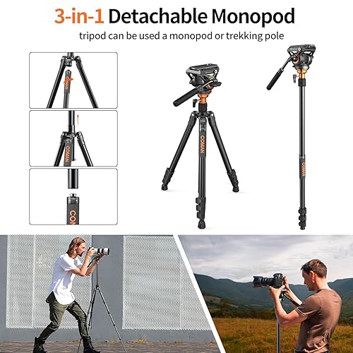 COMAN Camera Tripod with Fluid Head, Detachable Compact
