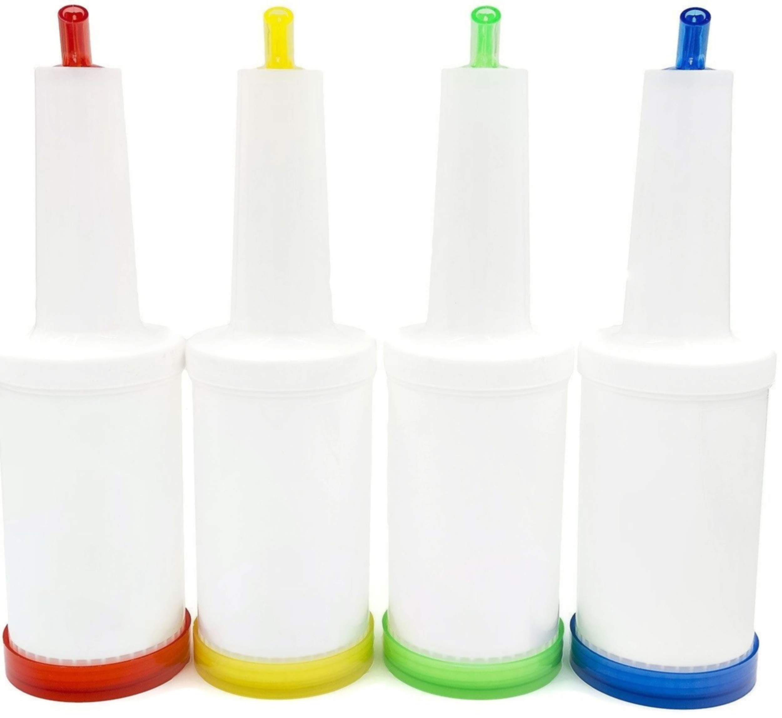 Store and Pour Juice Containers (950ML) – 4 Color Coded Flow N Stow Fruit Juice Bottles – Commercial Grade Bar Pourers with Spout and Lid – Easily Mix, Pour, and Store