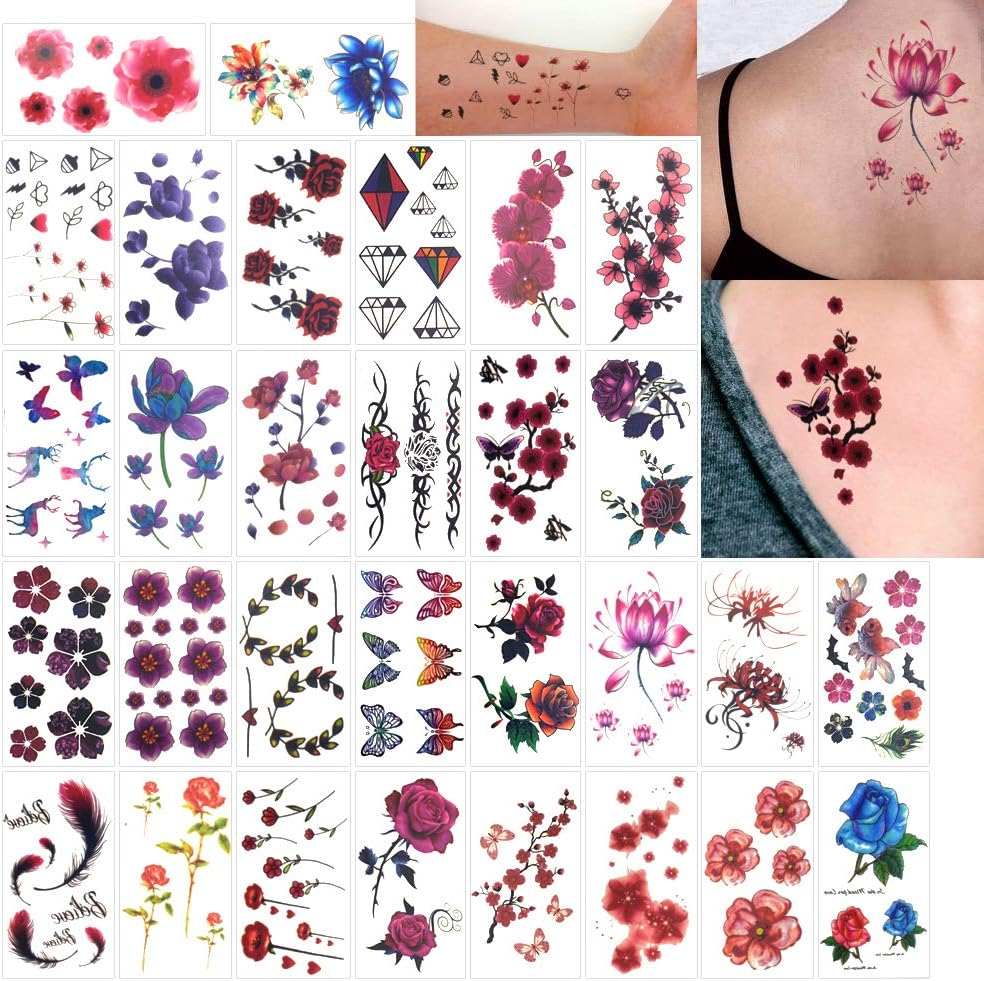 Temporary Tattoos for Adult Men Women Kids(30 Sheets), Waterproof Temporary Tattoo Fake Tattoos Body Art Sticker Cover Up Set (Colorful flower & butterfly)