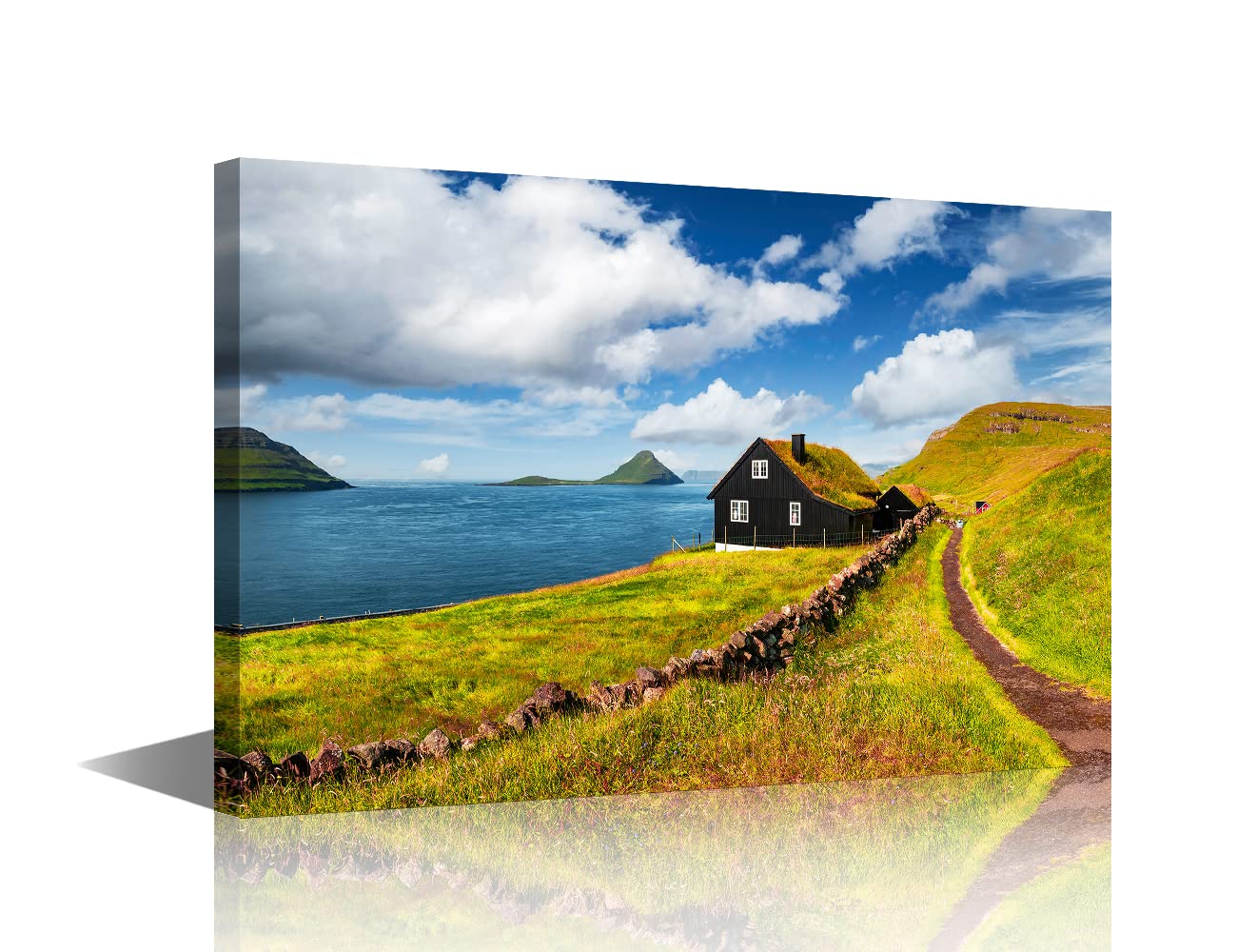 Framed Wall Art Canvas Living Room Decor Streymoy Island Faroe Denmark Velbastadur Village Typical Grass Roof House Bedroom Bathroom Wall Décor Scenery Decor 16x24inch — image 1