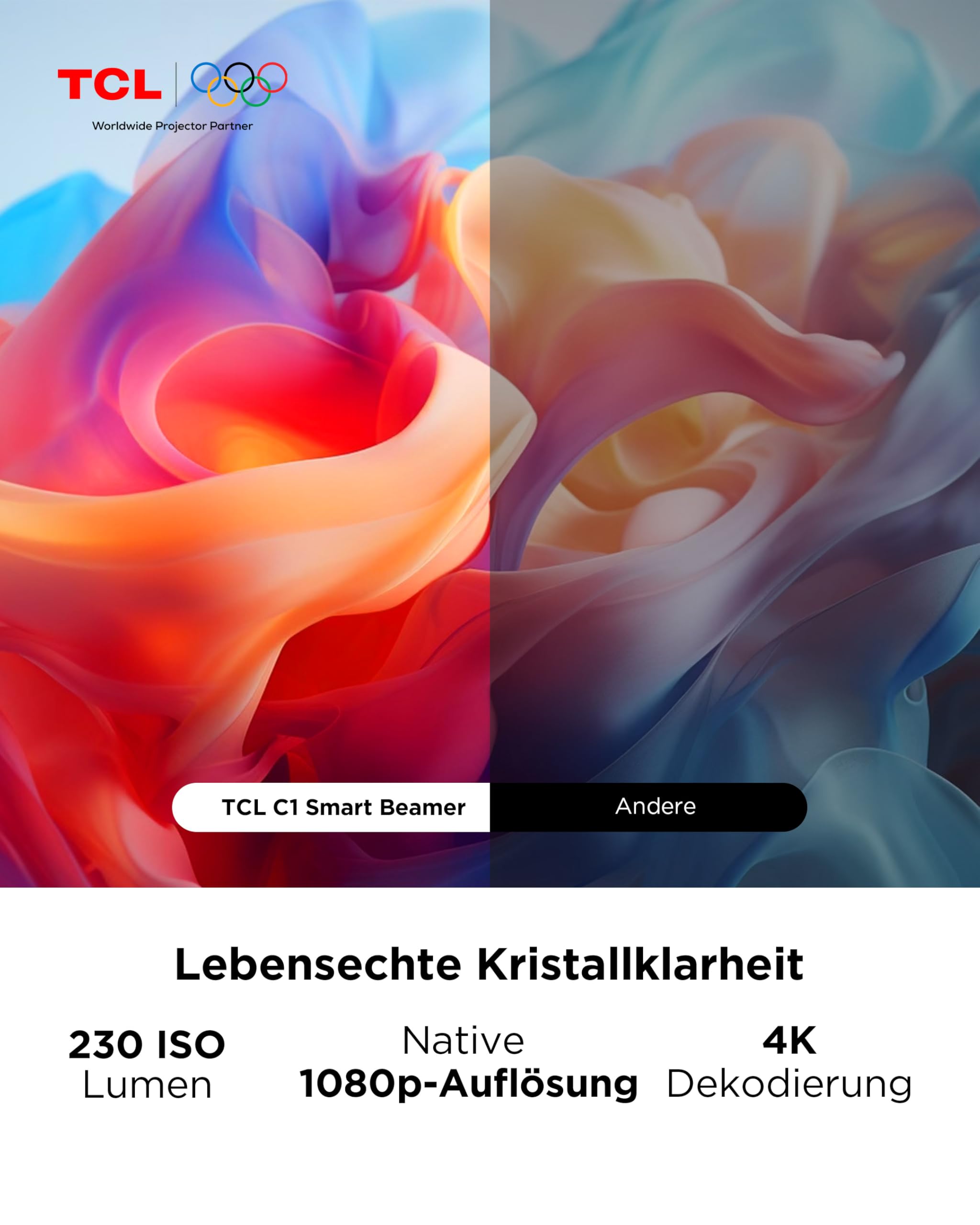 TCL C1 Smart Mini Beamer, Integriertes Offizielles Google TV/Netflix/APV, Projektor 4K 1080p, Autofokus & 6D Keystone, Dolby 8W, WLAN, Bluetooth, 285° Drehbar für Handy, Heimkino, Deckenprojektion 7