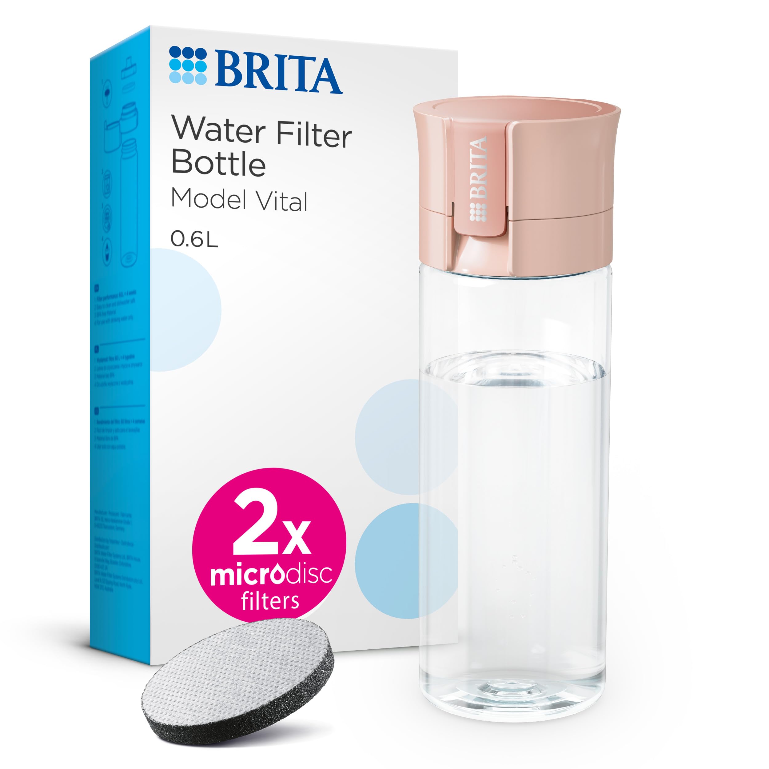 BRITA Water Filter Bottle Apricot (600ml) incl. 2x MicroDisc Filters - portable water filtration bottle for hydration on-the-go, filters chlorine, organic impurities, hormones & pesticides