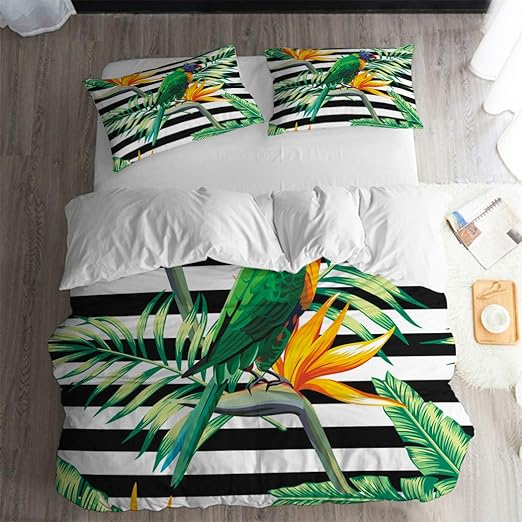 Amazon Com Arl Home Tropical Rainforest Duvet Cover King Size Black White Stripe Bedding Green Plant Palm Leaves Quilt Cover 3pc Forest Bird Animal Duvet Cover 2 Pillow Cases Home Kitchen