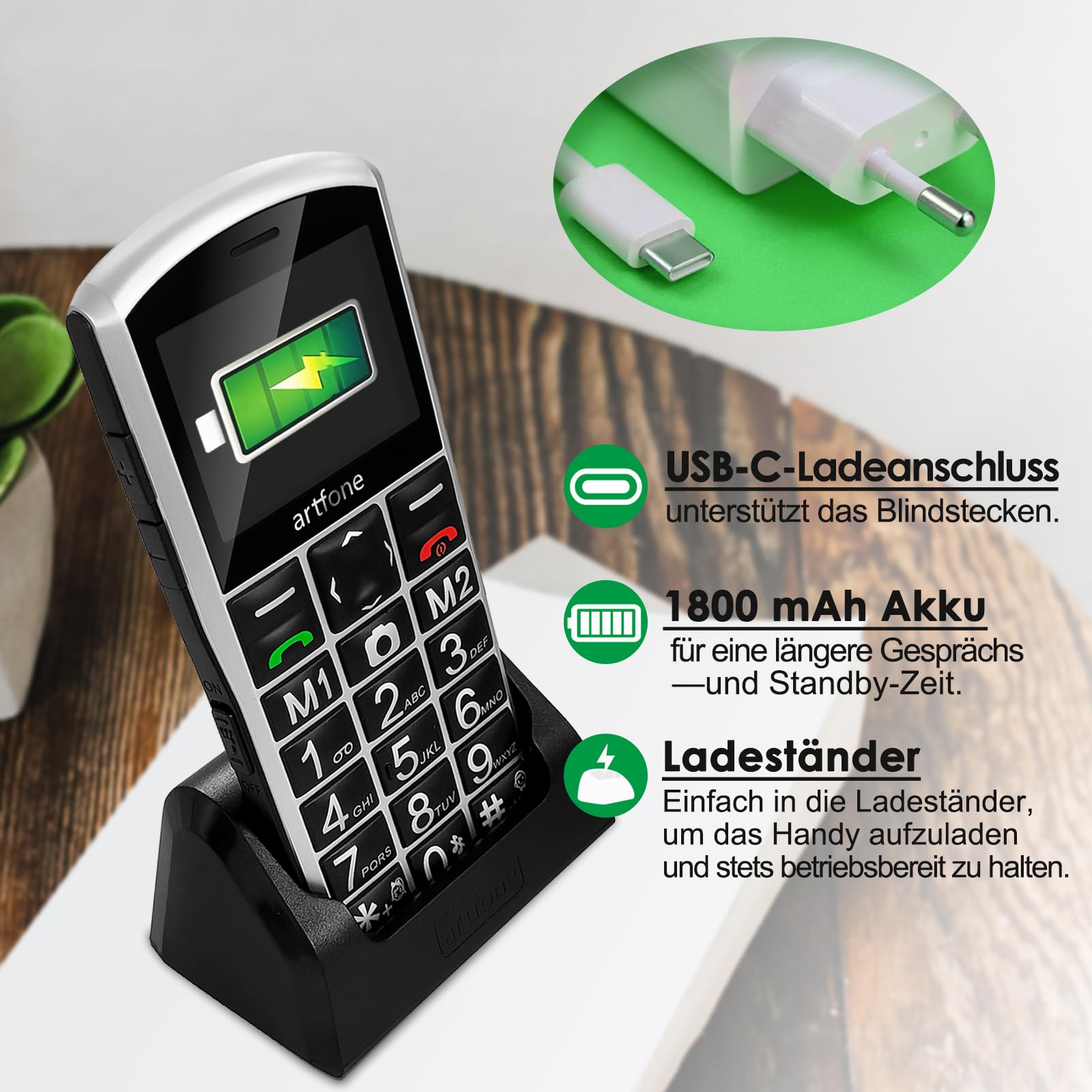 artfone A400 4G Volte Seniorenhandy ohne Vertrag | Großtasten Handy mit Notruftaste&1800mAh Akku,Dual-SIM Tastenhandy mit Tischladestation | Einfaches Mobiltelefon für Senioren, 2,4" Display | Silber 4