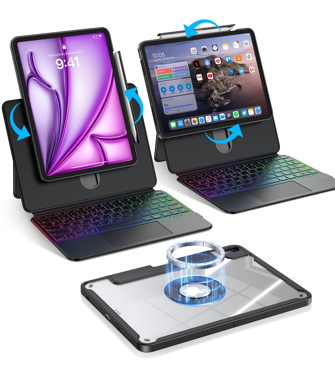 Photo 1 of BLOSOMEET Magnetic iPad Air 11 inch (2025 M3/2024 M2), Air 6/5/4 Gen, iPad Pro 11 inch 4/3/2/1 Gen w/Keyboard & Stand, Clear Liftable & Detachable Magnetic Cover, Multi-Touch Trackpad, Black
