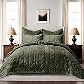 EVERGRACE 3 Pieces Luxurious Queen Velvet Quilts, Ultra Soft Lightweight Velvet Comforter Set, Matelasse Oversized Bedspread Coverlet for All Season with 2 Shams, Olive Green, 92"x96"