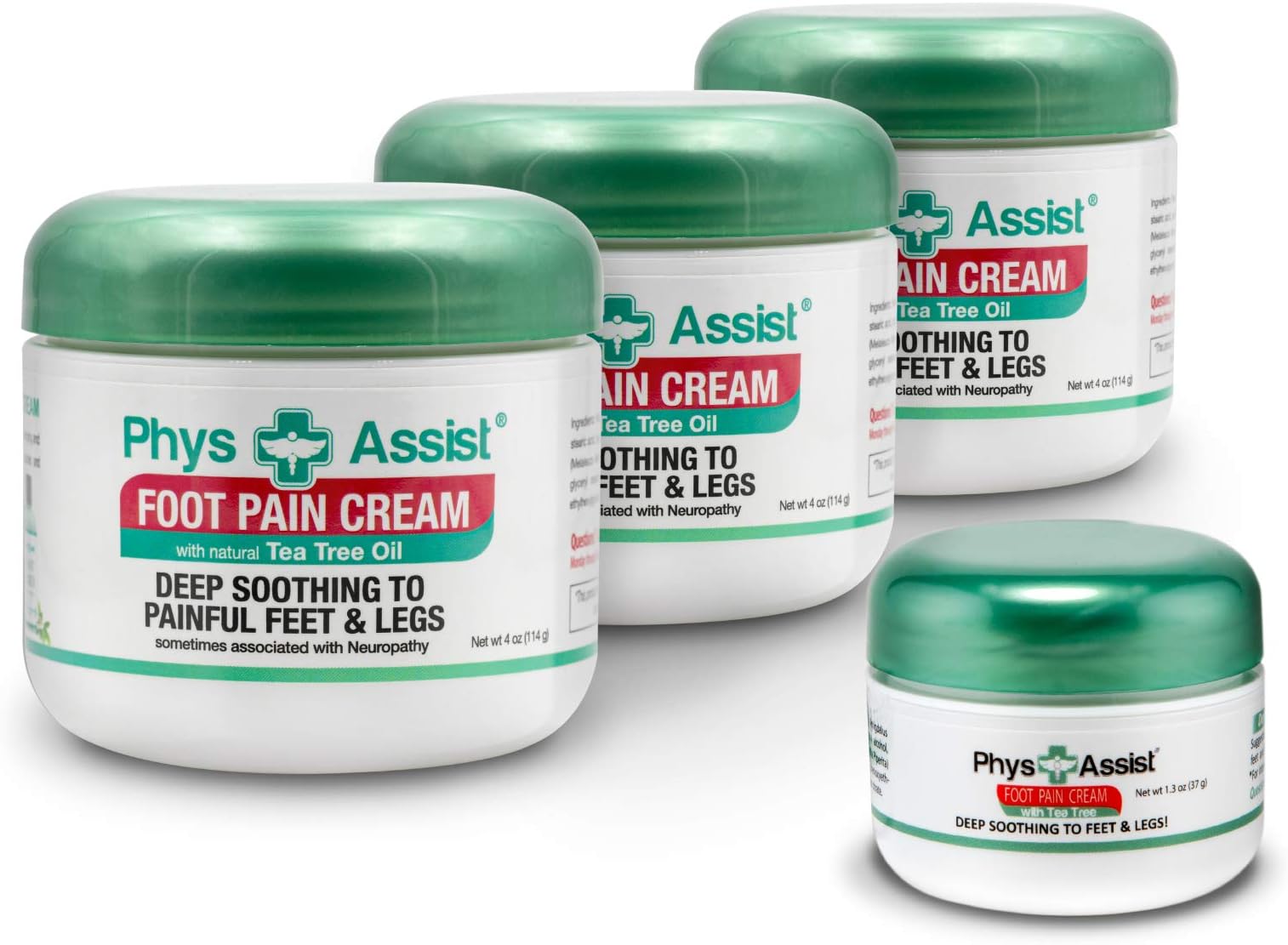 PhysAssist Foot Pain Cream - Three - 4 oz pack + 1.5 oz. Deep Soothing and Calming to Aching Feet & Legs. Day and Night Time Comfort