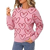 Kaei&Shi Women Cute Pink Heart Graphic Sweater,Crew Neck Valentines Sweatshirt,Regular Fit Top Spring Fall