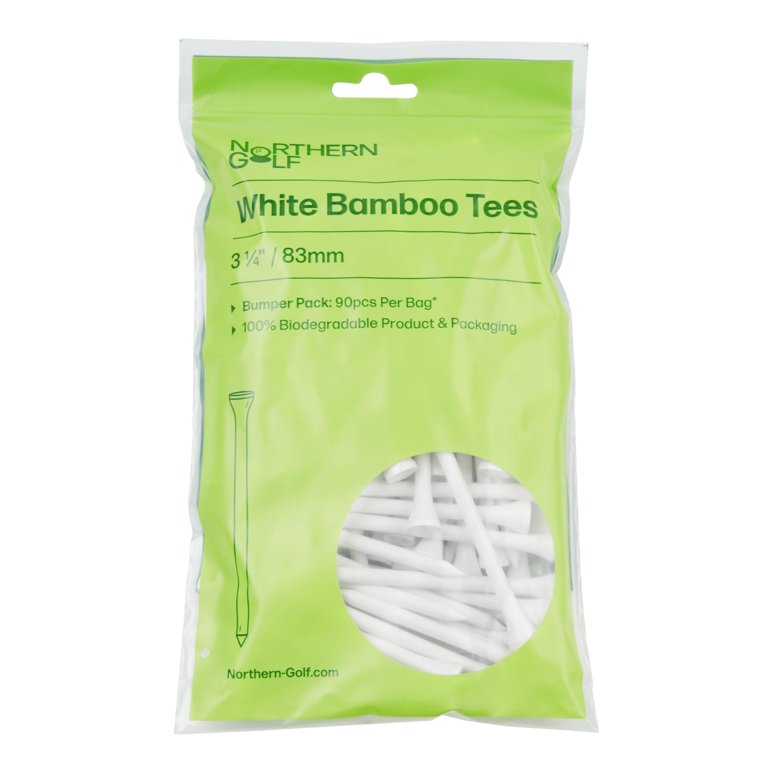 Northern Golf White Bamboo Golf Tees/BUMPER PACK/ 100% BIODEGRADABLE (3 1/4" / 83mm 90 Tees Per Pack)