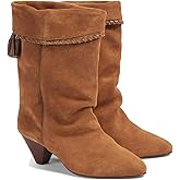 XBKXMK Suede Ankle Boots for Women Slouchy Fold Over Cowboy Boots Pointed Toe Low Heel Western Booties Fashion Dressy Pull on Wide Calf