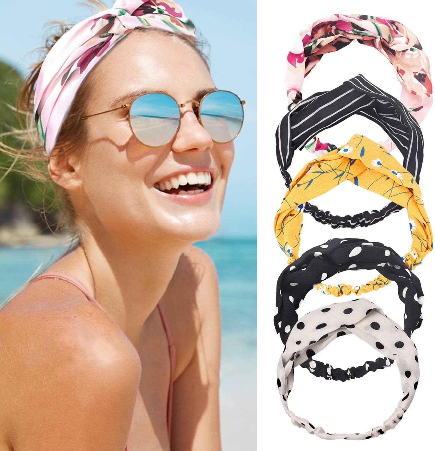 Headband Women Vintage Flower Headband Printed Head Scarf Elastic Hairband,Bandana Boho Hairbands Hair Accessories,5Pcs - Image 5